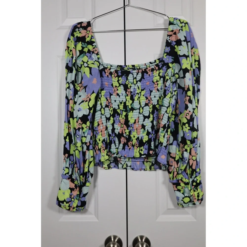 Free People Womens Floral Smocked Puff Sleeve Square Neck Blouse Black Multi‎ M